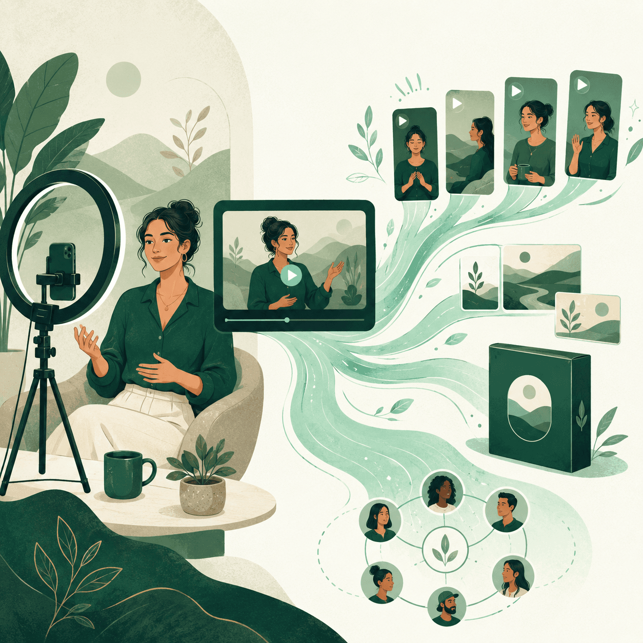 Illustration of a creator at a ring light whose video branches into shorts, thumbnails, a course and a community